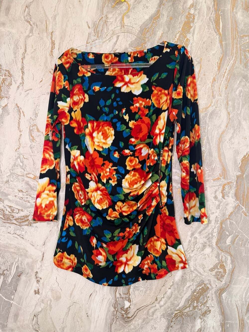 Premise Women's Black Multi Floral Long Sleeve Ruched Zip Top Size M